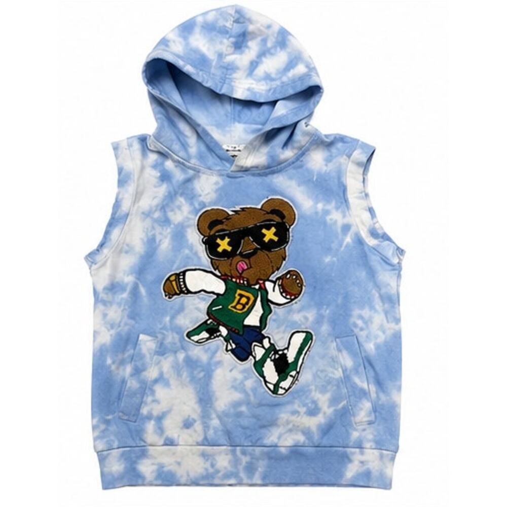 Lola  The Boys Blue Tie Dye Sleeveless Hoodie Bear Patch Size 6